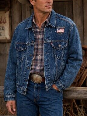 Vintage Levi’s Blue Denim western trucker Jacket Size 46 Patriotic Made in USA